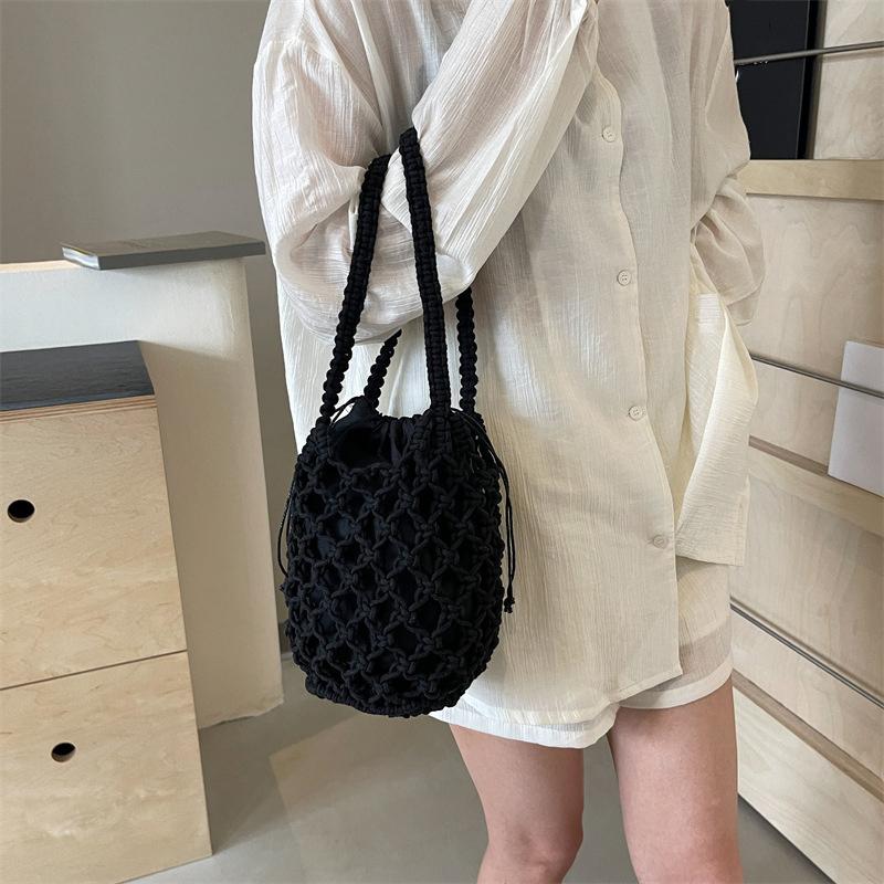 Летняя пляжная сумка для женщин, сетчатая веревочная вязаная сумка-ведро на плечо, сетчатые полые дорожные сумки-шопперы, женские модные сумки