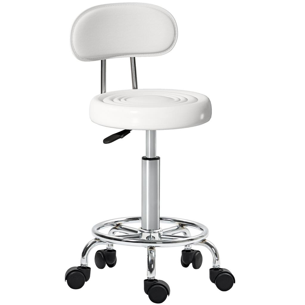 Rolling stool, swivel and adjustable stool with backrest, faux leather cover, footrest, for dressing tables, white