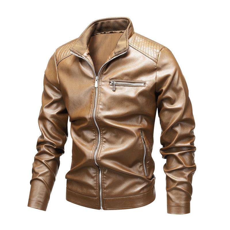 Куртка с воротником-стойкой, повседневная, весна и осень, тонкая молния, приталенная, мужская, кожаная, для мотоциклистов