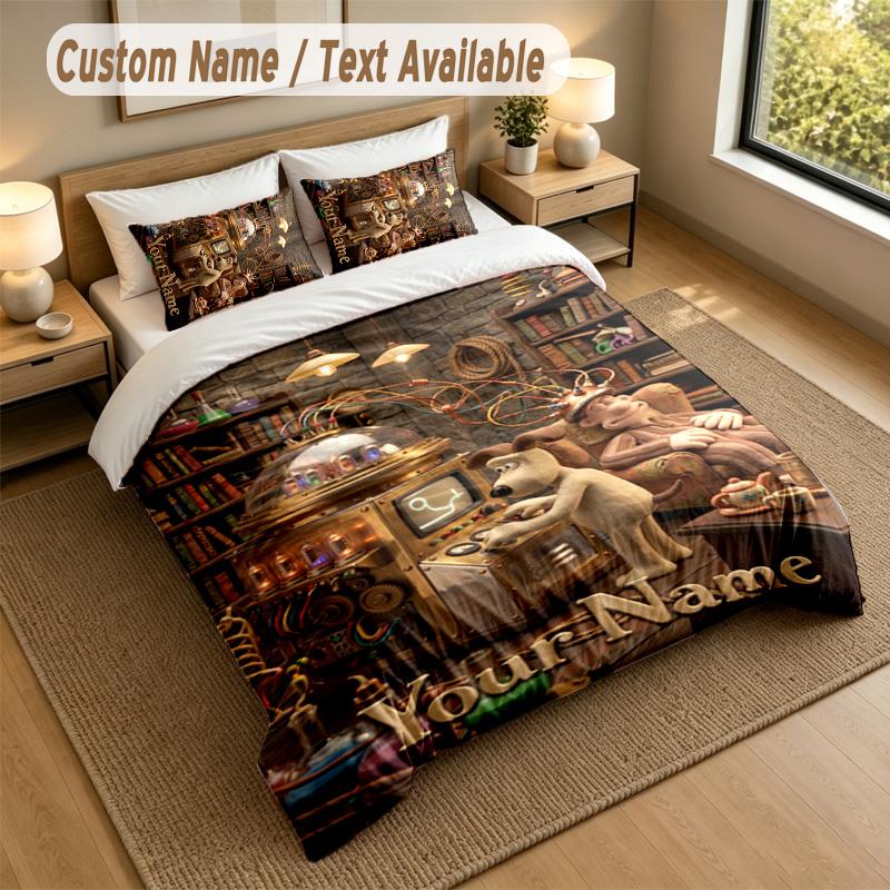 3Pcs Bedding Set Custom Name Text, 1 Sheet 2 Pillowcases Home Bed DecorWallace & Gromit