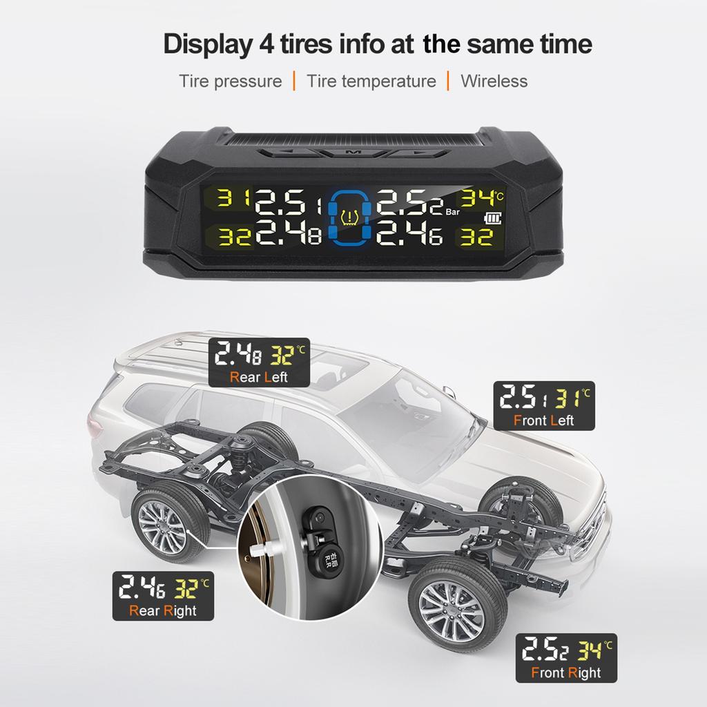 Wireless Tire Pressure Monitor HD LCD Display Real Time Alert Solar Powered USB Charging Tire Pressure Monitoring System