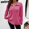 Autumn Winter Solid Color Plus Size Women's Top V Lapel Long Sleeve Pit Strip Brushed T-shirt Loose