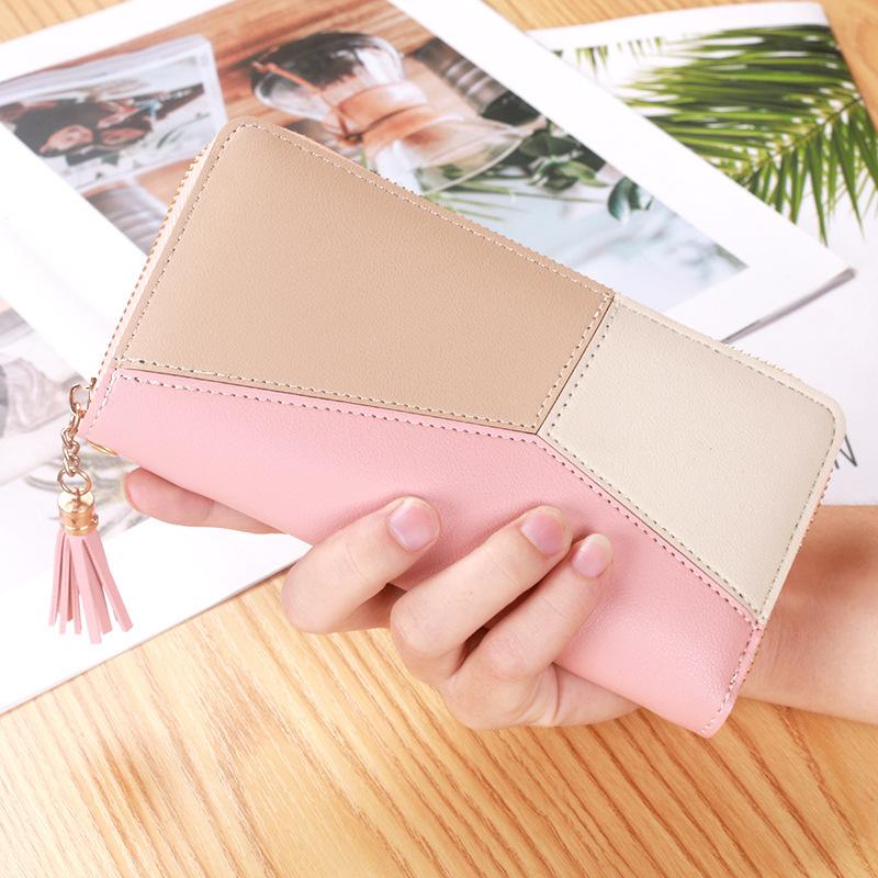 Contrasting Color Stitching Long Wallet Ladies Clutch Bag New Fashion Large Capacity Zipper Wallet Women Tassel Bag