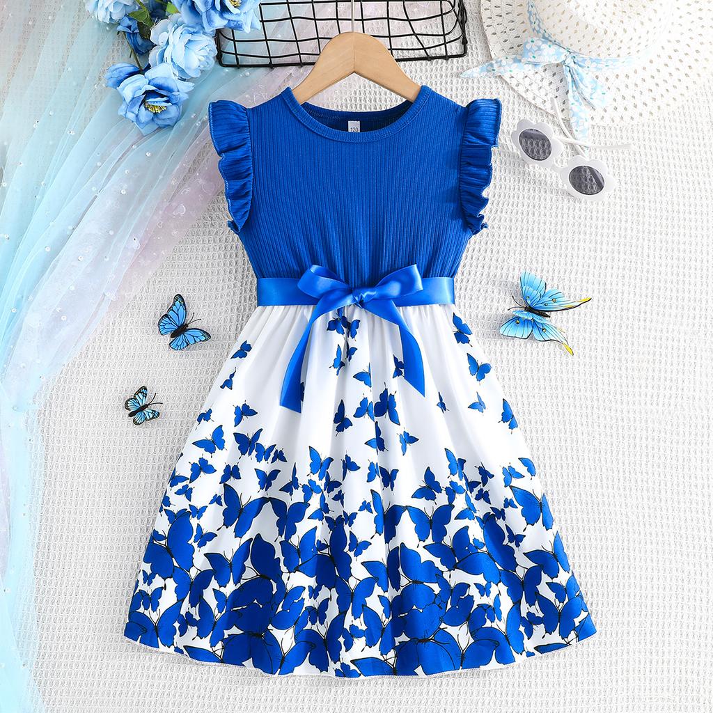 Girls' Butterfly Print Sleeveless Dress + Belt 2025 Summer Children's Fashion Casual Dress