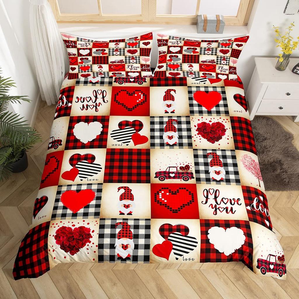 День святого Валентина King Пододеяльник Романтический комплект постельного белья Kawaii Парочка Гном Одеяло Чехол Розовые розы Сердца Полиэстер Одеяло Чехол