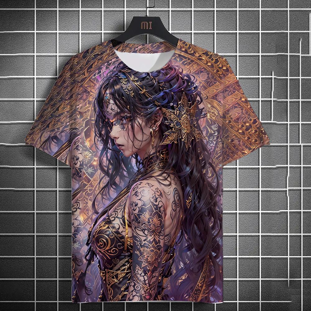 Men's T-shirt 3D Printed Anime Goddess Back Tattoo Print T-shirt Casual Loose Short Sleeved T-shirt Men's Home Y2k Clothing Tops