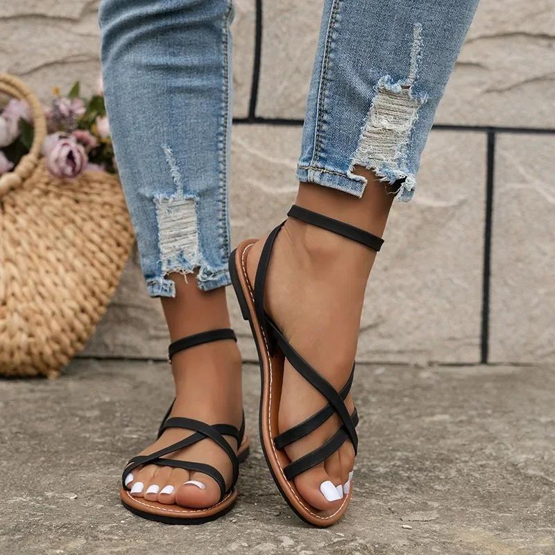 Женские повседневные сандалии 2024 Новые летние универсальные римские туфли Комфортные сандалии на плоской подошве Пляжная обувь Женская обувь