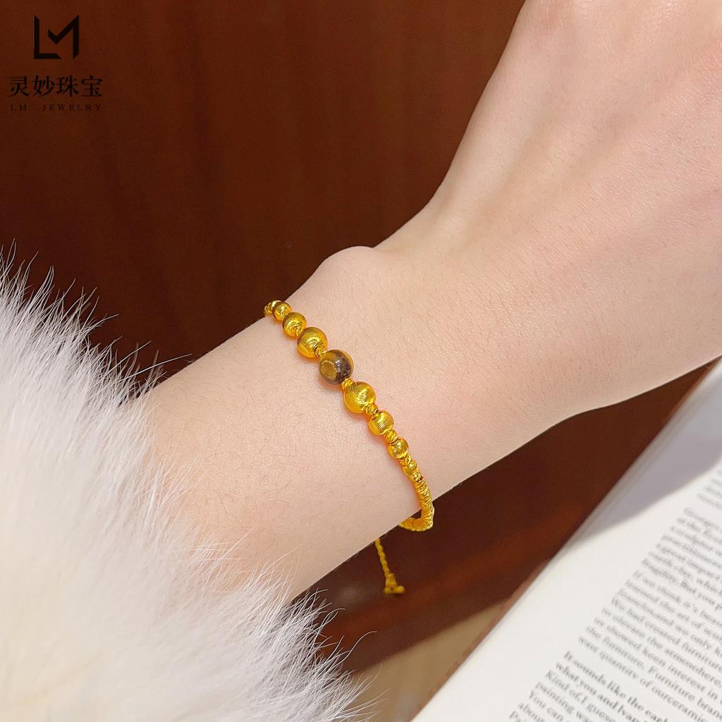 Ожерелье и браслет с бусинами «Кошачий глаз» для женщин, 24K золото AU999 - Стиль «Кошачий глаз» в стиле легкой роскоши, сдержанно мерцающее, для офисных дней