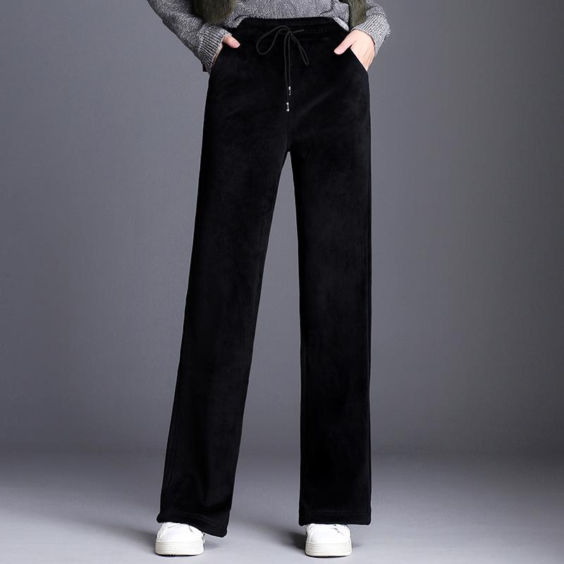 2023 Женские брюки больших размеров с высокой талией и широкими штанинами из золотого бархата на флисовой подкладке - Коллекция Осень/Зима