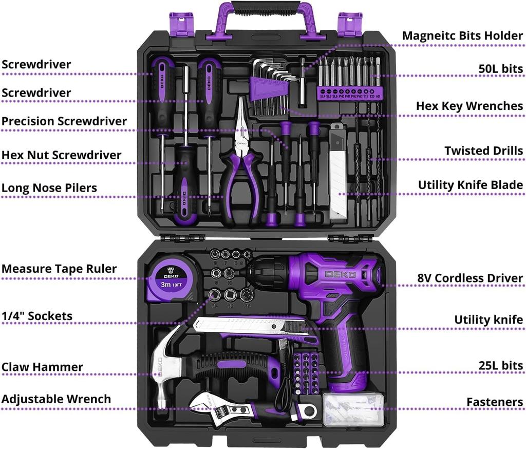 Tool Set with 8V Electric DIY Tool Power Tool Household Furniture Home Carpentry Tool Set with Convenient Storage Purple 126-Piece Drill, Set, Drill,