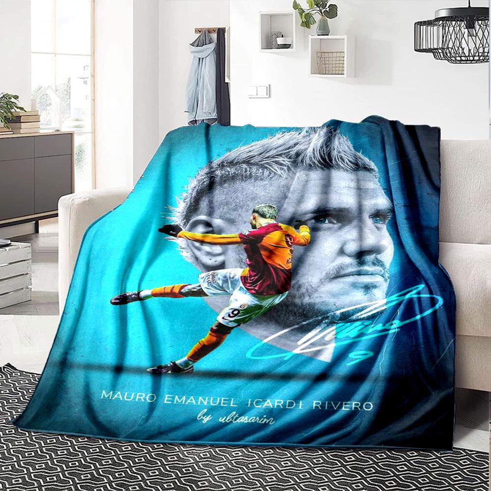 Blue Football Player Portrait Shooting Print Flannel Throw Blanket, Soft Warm Cozy Bed Sofa Cover for Sports Fan Home