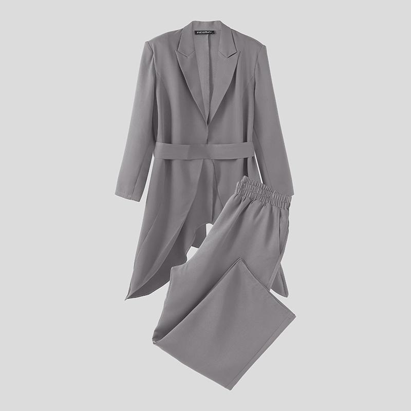 INCERUN Мужские наряды Пиковый лацкан Длинный рукав Необычный блейзер Ветровка Длинные брюки Повседневные костюмы-двойки