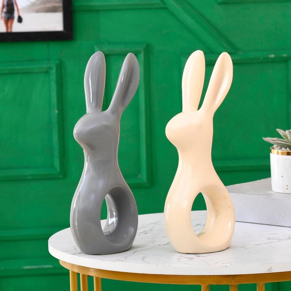 Adorable Resin Home Decor Rabbit Pair (Pack of 2, Grey & Off White)