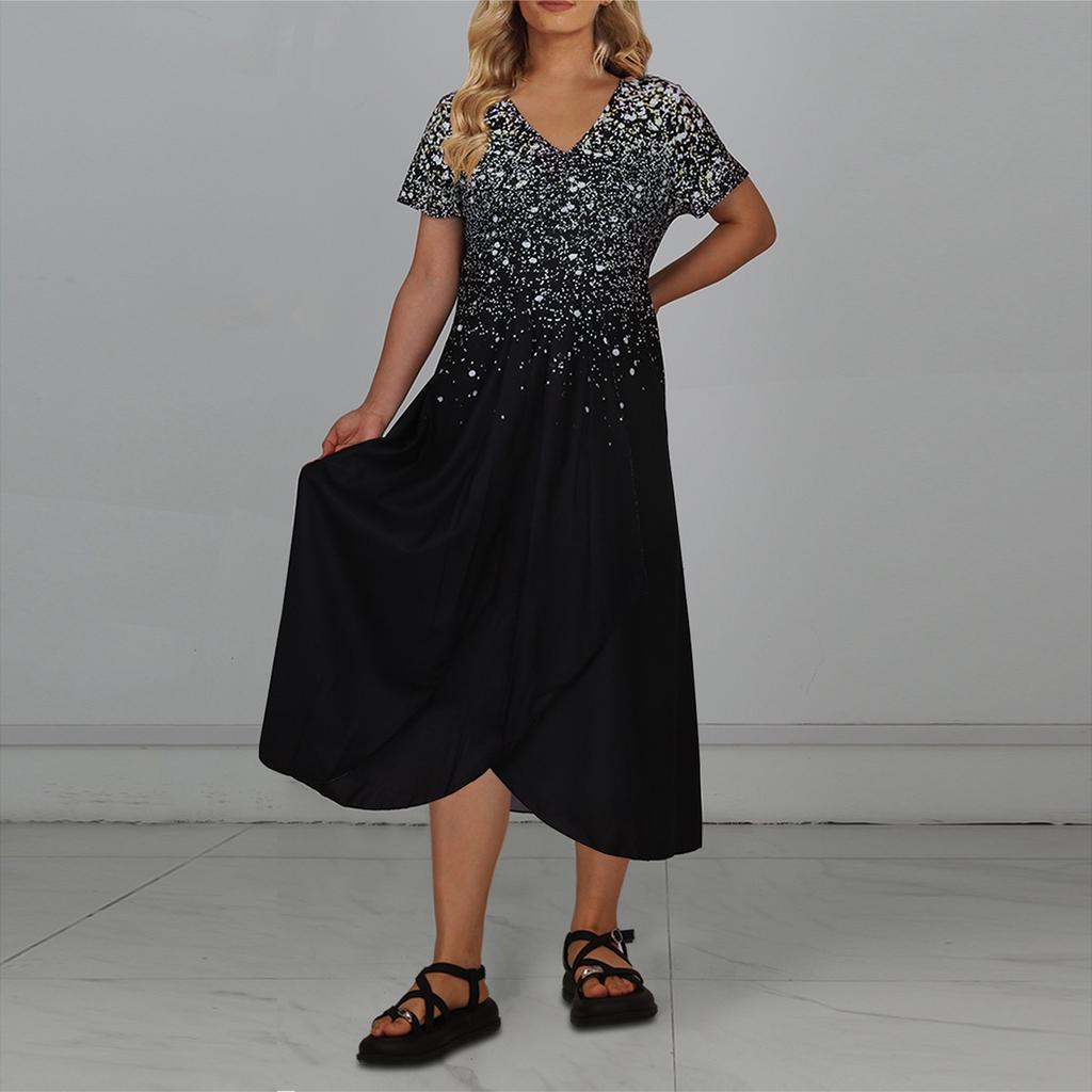 Женское повседневное большое длинное платье с v-образным вырезом и молнией с короткими рукавами и вставками с принтом