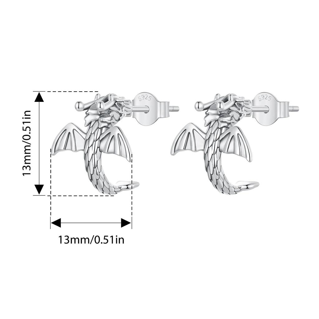WOSTU 925 Sterling Silver Flying Dragon Stud Earrings Oxidized Silver Vintage Ear Studs Fine Jewelry For Women Girl Party Gift