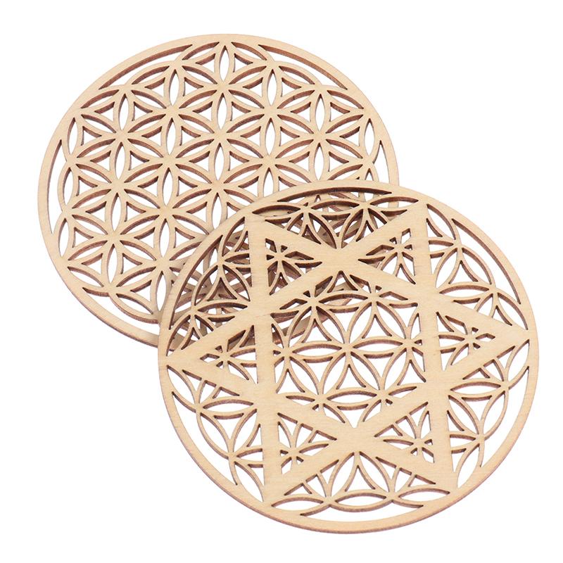 1Pc Creative Chakra Pattern Coaster Wood Flower Of Life Natural Symbol Round