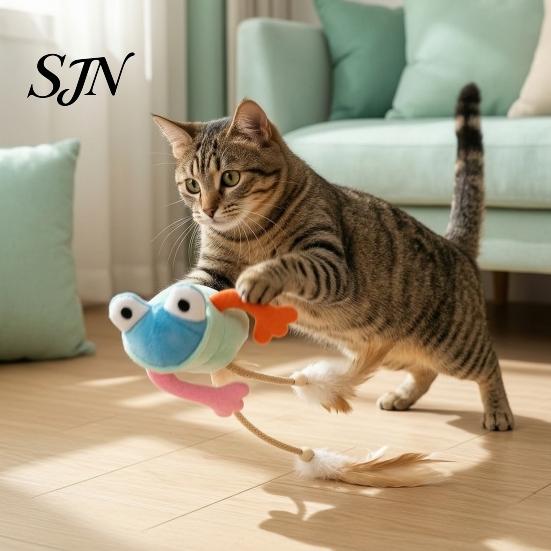 Plush Polyester Cat Toy Frog Toy, Interactive Kitten with Bell And Feathers, Bite Resistant Pet Toys Woven Rope Long Leg Frog, Chew for