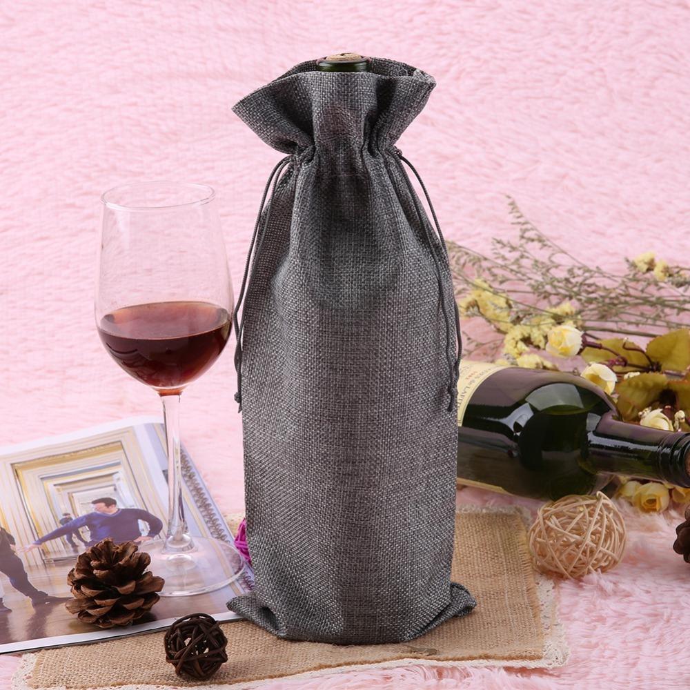 12pcs Grey Linen Fabric Wine Bag Drawstring Closure Burlap Wine Bag Wedding Favors