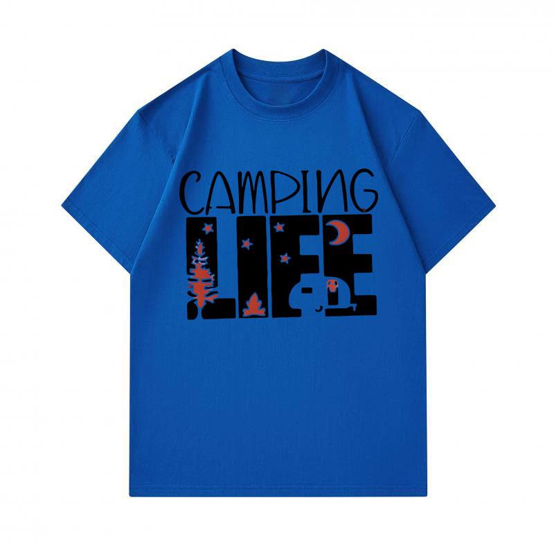 Men's 100% Cotton O-neck Short Sleeve T-shirt, Casual Camping Life Printed Top with Pine Tree Moon Star Camper Pattern for Daily Outdoor Wear