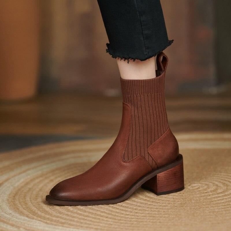 Женские ботильоны из коровьей кожи, вязаные ботинки с верхом, винтажные короткие сапоги на толстом каблуке