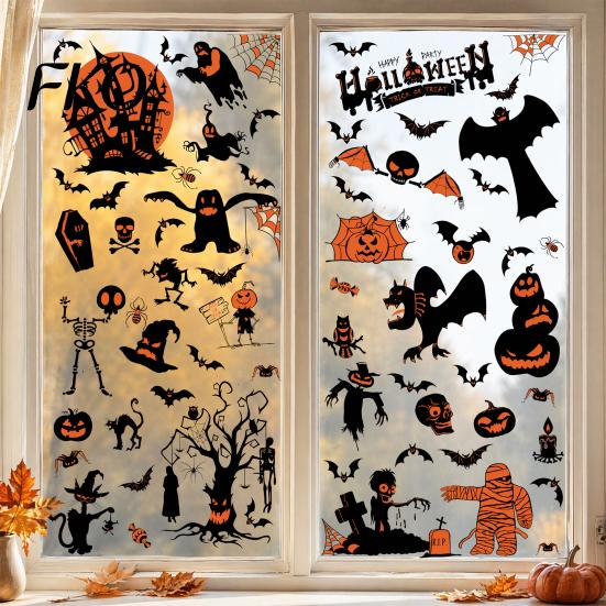 Dead Tree Window Decorations 9 Sheets Halloween Clings, Happy Pumpkins Witch Ghost Bats Castle Reusable Clings Stickers, PVC Waterproof Decals