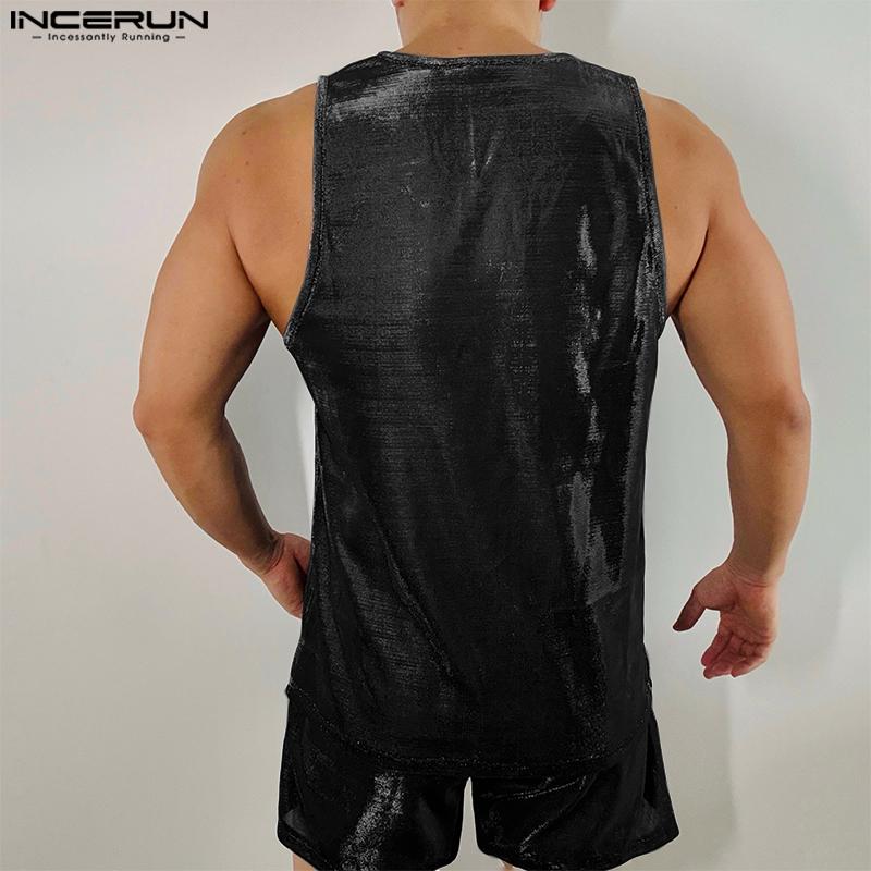 INCERUN Two Pieces Men Glitter Sleeveless Tank Tops and Shorts Casual Sets