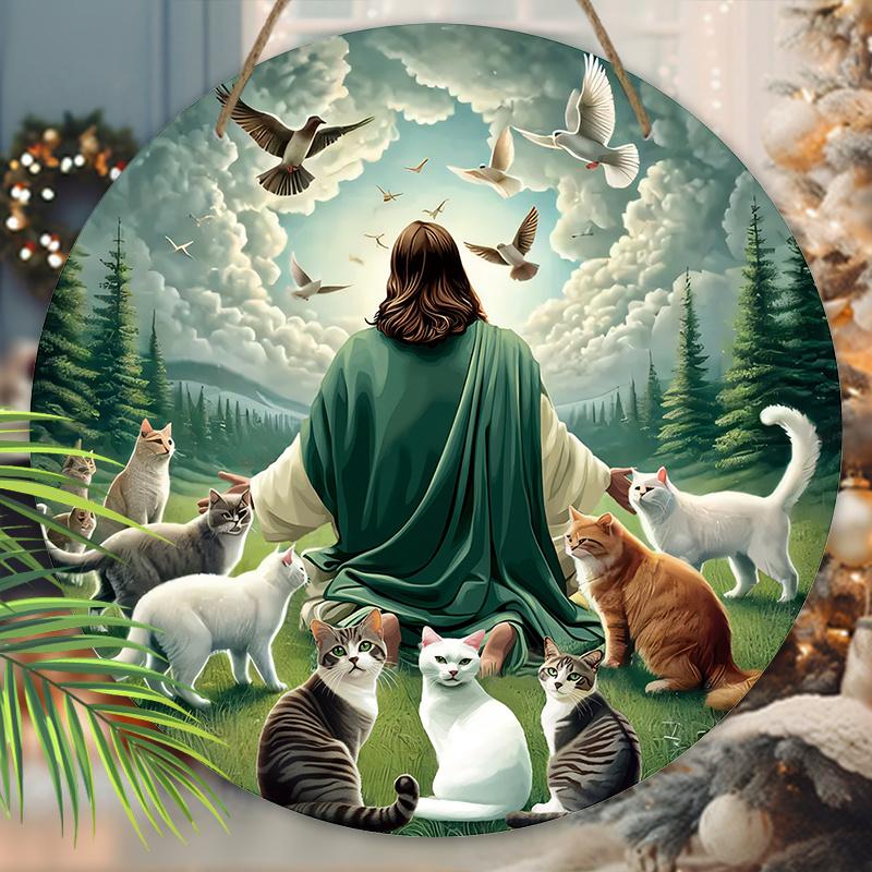 Деревянная табличка в современном стиле с узором Богоявления Иисуса, кошки и голубя мира, круглая табличка Иисуса для декора настенного подвеса для входной двери, идеальный подарок на Богоявление