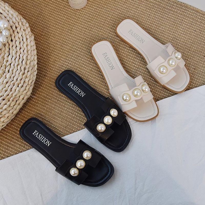 Модные женские туфли на плоской подошве с жемчугом, удобная верхняя одежда, модные элегантные туфли на плоской подошве, тапочки в корейском стиле, бежевые, черные, на низком каблуке, повседневные пляжные шлепанцы