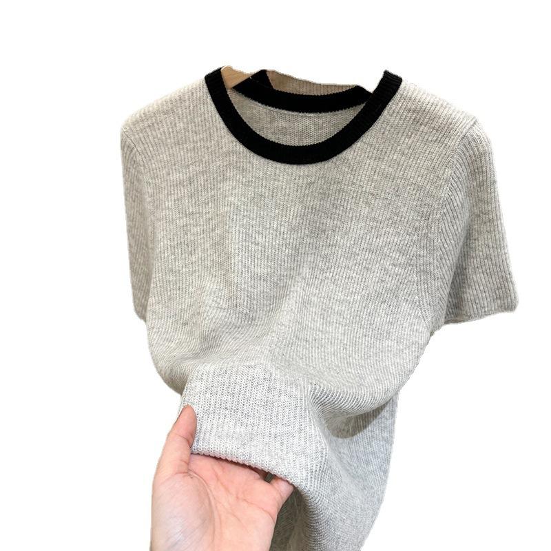 Модные женские топы с короткими рукавами на весну и лето, нишевые уникальные шикарные топы внутри короткой части свитера с круглым вырезом Color Collision
