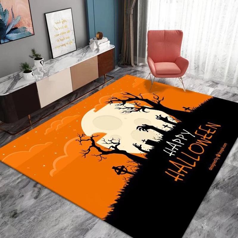 Halloween Crystal Velvet Horror Pumpkin Carpet Living Room Coffee Table Mat Bedroom Bed Blanket Bathroom Non-Slip Mat