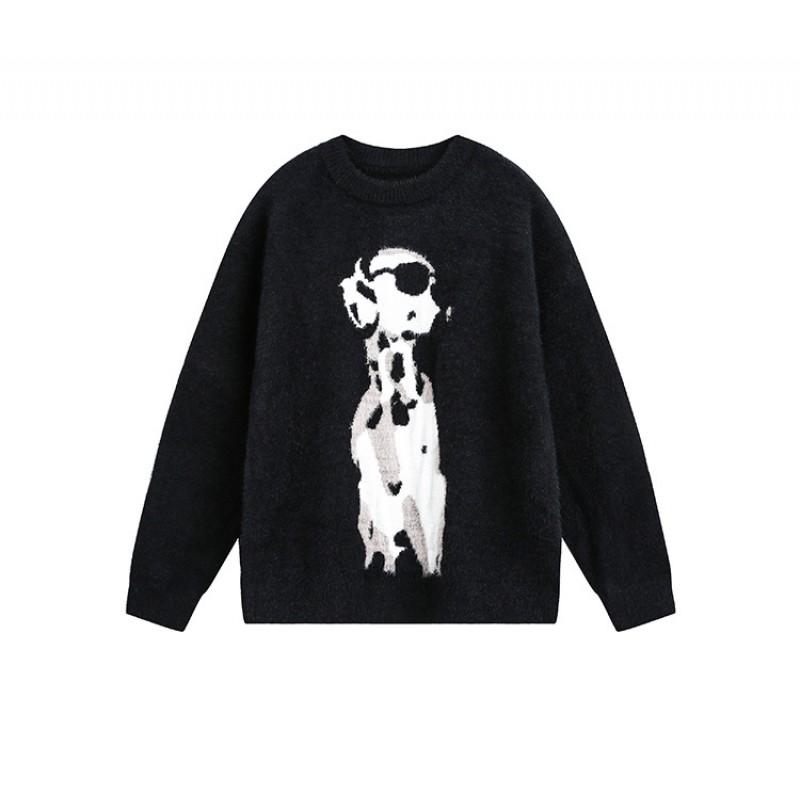 Unisex Oversized Knit Sweater With Dalmatian Print - Winter Warm Casual Pullover Teens Adults