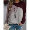 Women Fashion Contrast Color Striped Pullover Black Wine Red Autumn Printed Long Sleeve Round Neck Sweatshirt
