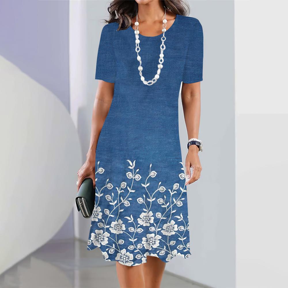 Summer Short Sleeves Dresses Classy Women Dress Loose A-Line Skirt Color Clash Print Woman Clothing Casual Round Collar Pullover