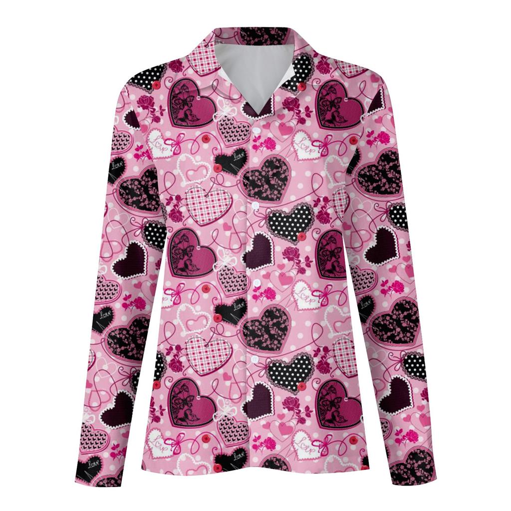 Женская рубашка-блузка с принтом на пуговицах ко Дню Святого Валентина и длинным рукавом, повседневная базовая рубашка с воротником, обычный топ