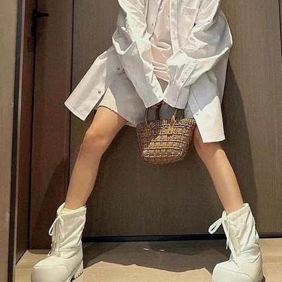 Зимние новые кожаные ботинки с кулиской и большой головой, женские уличные ботинки на платформе для катания на лыжах, уродливо-милые, теплые и высокие луноходы, удобные