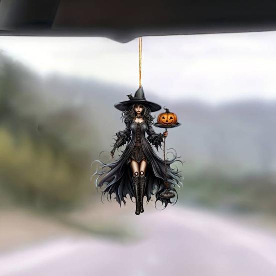 Gothic Witch Pendant 2D Acrylic Car Hanging Ornament Rearview Mirror Ornament for Halloween And Gothic Lovers