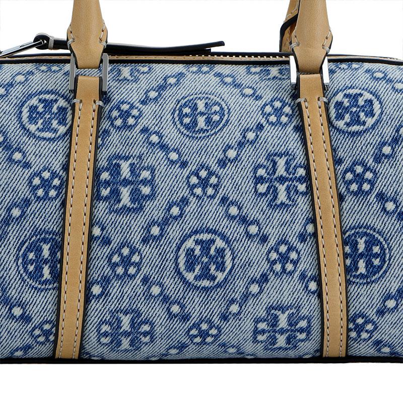 Tory Burch T Monogram Logo All Over Print Silver Metal Accents Fabric And Leather Mini Shoulder Tote Bag Women Bags Pink Blue 167760-400