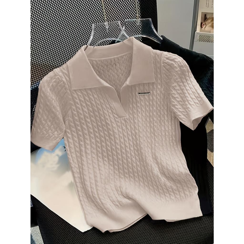 Temperament Lapel Ice Silk Knit Top Летняя свободная тонкая футболка с короткими рукавами