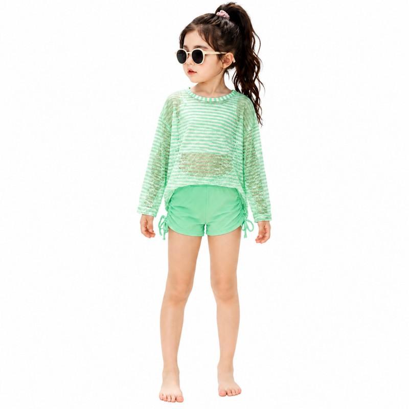 Девочки 3-предметный купальный набор с лонгсливом-рашгардом, шортами-бордами, топом-бикини для пляжного отдыха, защита от солнца