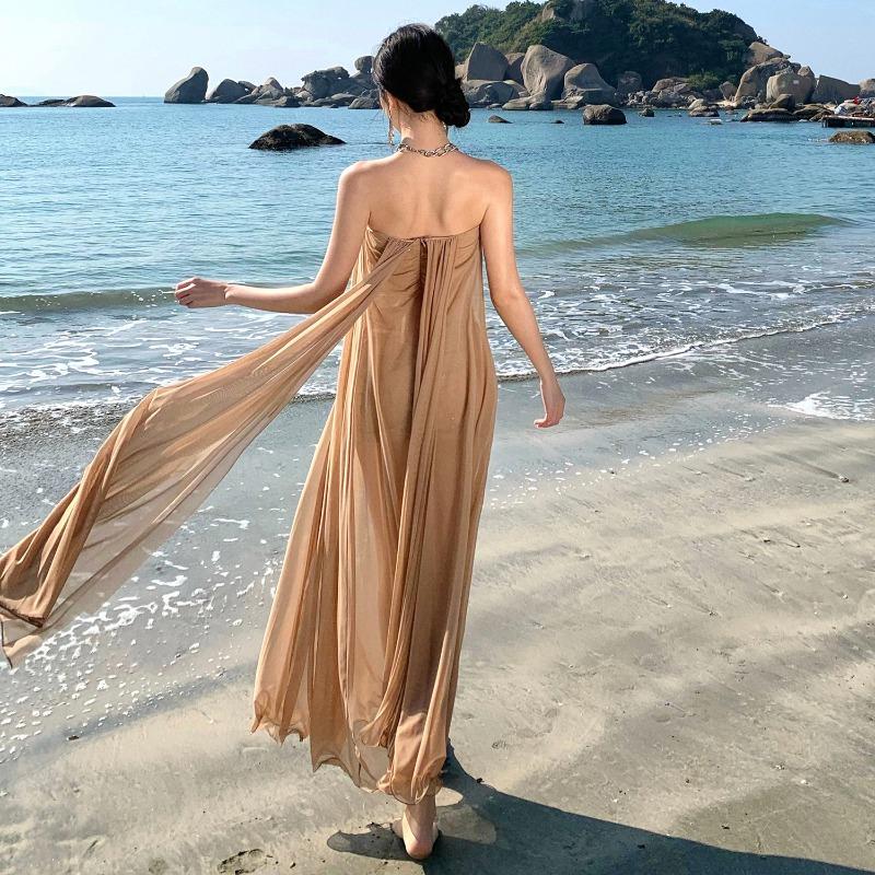 Tube Top Mesh Streamer Dress Fairy Summer Senior Sexy Backless Seaside Vacation Beach Dress Long Dress