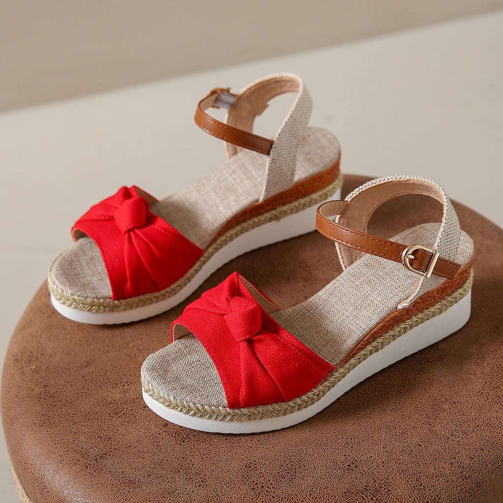 Летние новые босоножки на покатом каблуке с бантом, европейская и американская мода, импортные босоножки больших размеров, сандалии с пряжкой в виде рыбьего рта и подошвой из пеньковой веревки