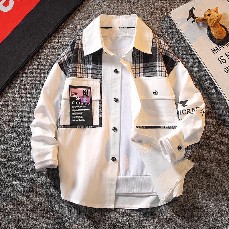 Spring and Autumn Boys Long-sleeved Shirt Plaid Shirt Kids Street Coat