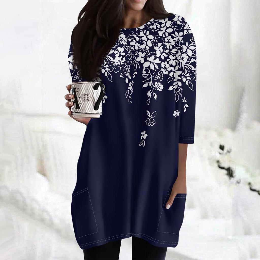 Женские повседневные рубашки с рукавами 3/4, модные туники с принтом, топы с карманами