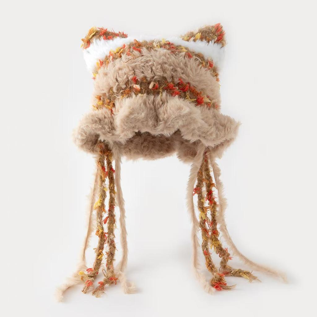 Women Cute Cat Ear Plush Knit Earflap Hat Winter Warm Tassel