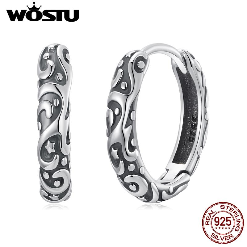 WOSTU 925 Sterling Silver Vintage Pattern Hoop Earrings Women Classicial Round Wedding Party Earring Pendientes Anniversary Gift