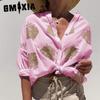 Printed Women's Shirt Autumn Graphic Print Stand Alone Long Sleeve Lapel Button Down Shirt for Women