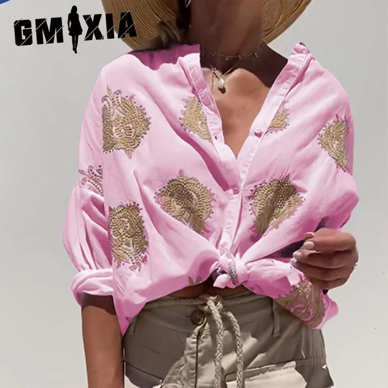 GMXIA Printed Women's Shirt Autumn Graphic Print Stand Alone Long Sleeve Lapel Button Down Shirt for Women