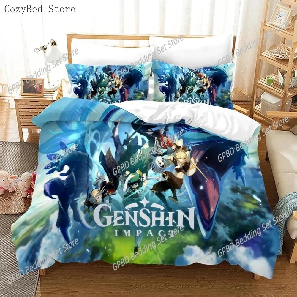 Genshin Impact Bedding Set Cartoon Anime Duvet Cover Single Double Size Boys Luxury 3D Bed Linen Decor Home