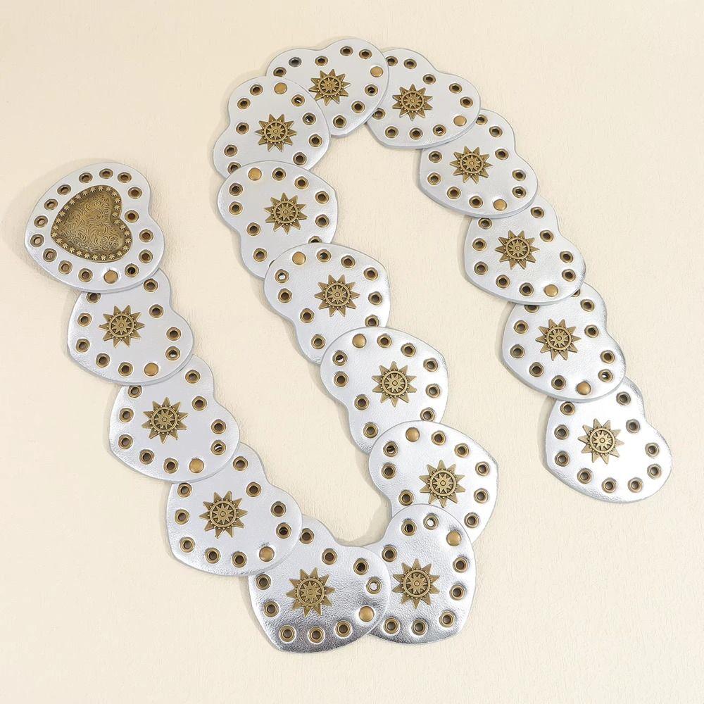 Широкий боковой пэчворк в виде сердец, талия в корейском стиле, ПУ кожаные ремни, Джинсовый декор