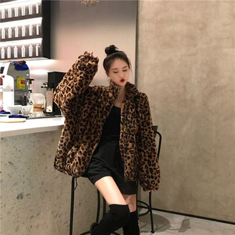 Autumn Winter Slimming Mid Length Jacket Top Leopard Print Jacket Women's Stand Collar Warm Parkas Outwear Female Loose Faux Fur Coats